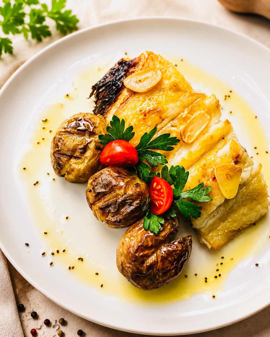 Bacalhau assado com batata a murro, tomate cereja e molho dourado
